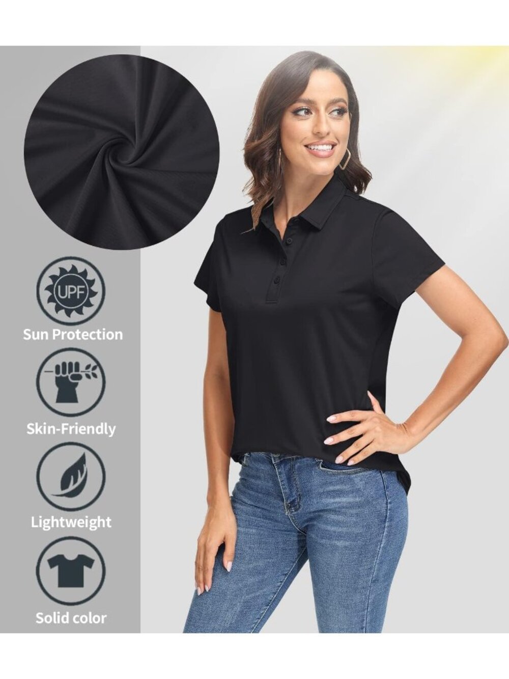 Women's 01-black Golf Polo Shirt Short Sleeve UPF 50+ Sun Protection Quick Dry - Picture 4 of 6